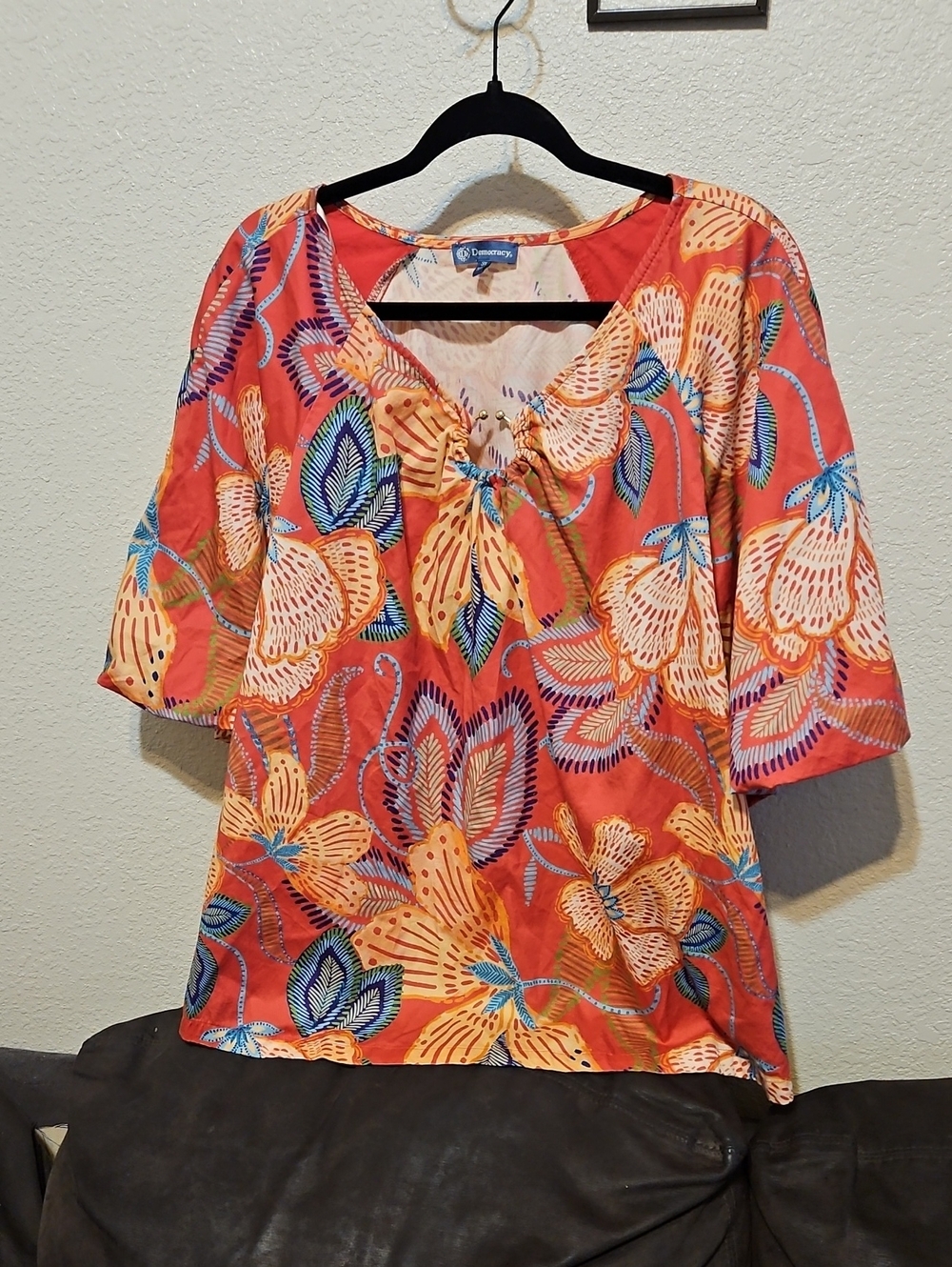Democracy Orange Floral with Blue Accents And Puffed Sleeves